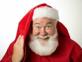 Man dressed as Santa Claus in playful pose on solid background AI Generative photo