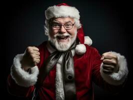 hombre vestido como Papa Noel claus en juguetón actitud en sólido antecedentes ai generativo foto