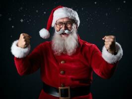 hombre vestido como Papa Noel claus en juguetón actitud en sólido antecedentes ai generativo foto