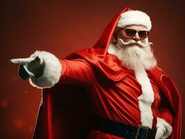 hombre vestido como Papa Noel claus en juguetón actitud en sólido antecedentes ai generativo foto