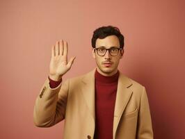 Young handsome man emotional gestures on solid background AI Generative photo