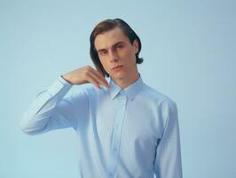Young handsome man emotional gestures on solid background AI Generative photo