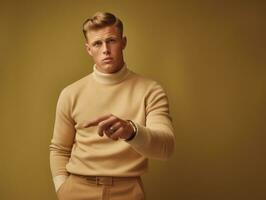 Young handsome man emotional gestures on solid background AI Generative photo