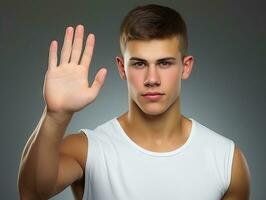 joven hermoso hombre emocional gestos en sólido antecedentes ai generativo foto