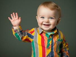 adorable bebé con vibrante ropa en un juguetón actitud ai generativo foto