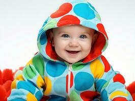 Adorable baby with vibrant clothing in a playful pose AI Generative photo