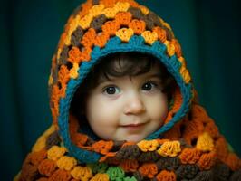 Adorable baby with vibrant clothing in a playful pose AI Generative photo