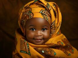 Adorable baby with vibrant clothing in a playful pose AI Generative photo