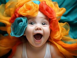 Adorable baby with vibrant clothing in a playful pose AI Generative photo