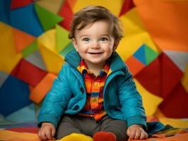 adorable bebé con vibrante ropa en un juguetón actitud ai generativo foto