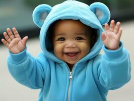 adorable bebé con vibrante ropa en un juguetón actitud ai generativo foto