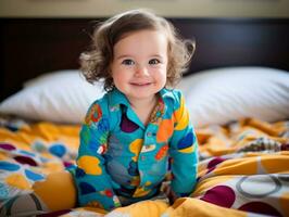 Adorable baby with vibrant clothing in a playful pose AI Generative photo