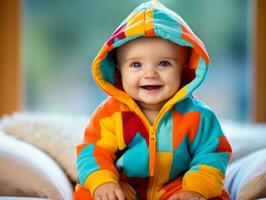 Adorable baby with vibrant clothing in a playful pose AI Generative photo