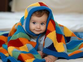 adorable bebé con vibrante ropa en un juguetón actitud ai generativo foto