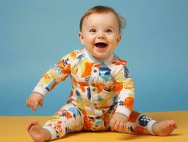 Adorable baby with vibrant clothing in a playful pose AI Generative photo