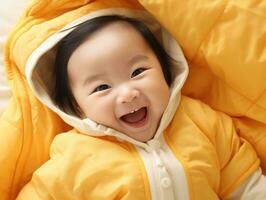 Adorable baby with vibrant clothing in a playful pose AI Generative photo