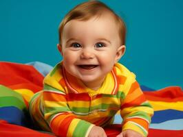 Adorable baby with vibrant clothing in a playful pose AI Generative photo