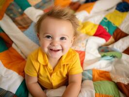 adorable bebé con vibrante ropa en un juguetón actitud ai generativo foto