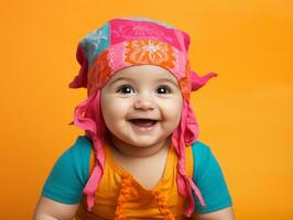 Adorable baby with vibrant clothing in a playful pose AI Generative photo