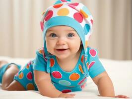 Adorable baby with vibrant clothing in a playful pose AI Generative photo