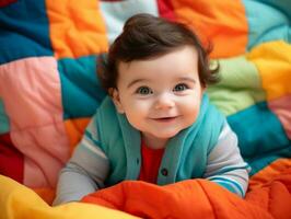 Adorable baby with vibrant clothing in a playful pose AI Generative photo