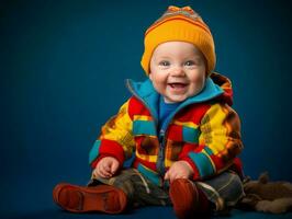 Adorable baby with vibrant clothing in a playful pose AI Generative photo