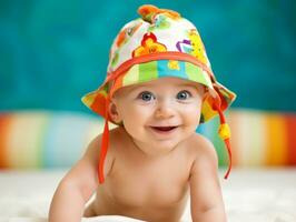 Adorable baby with vibrant clothing in a playful pose AI Generative photo