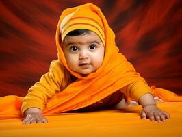 Adorable baby with vibrant clothing in a playful pose AI Generative photo