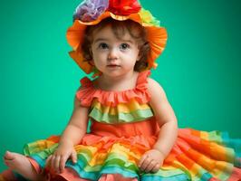 Adorable baby with vibrant clothing in a playful pose AI Generative photo