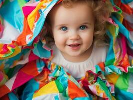 Adorable baby with vibrant clothing in a playful pose AI Generative photo