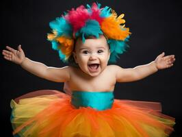 Adorable baby with vibrant clothing in a playful pose AI Generative photo