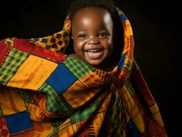 adorable bebé con vibrante ropa en un juguetón actitud ai generativo foto