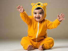 adorable bebé con vibrante ropa en un juguetón actitud ai generativo foto