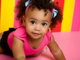 Adorable baby with vibrant clothing in a playful pose AI Generative photo