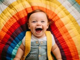 Adorable baby with vibrant clothing in a playful pose AI Generative photo