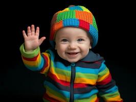 Adorable baby with vibrant clothing in a playful pose AI Generative photo