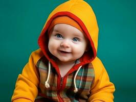 Adorable baby with vibrant clothing in a playful pose AI Generative photo