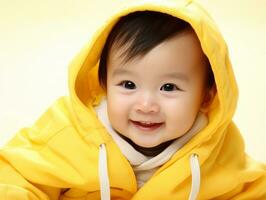 Adorable baby with vibrant clothing in a playful pose AI Generative photo