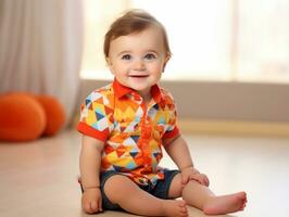 Adorable baby with vibrant clothing in a playful pose AI Generative photo