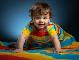 Adorable baby with vibrant clothing in a playful pose AI Generative photo