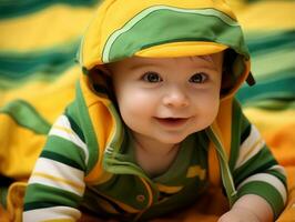 Adorable baby with vibrant clothing in a playful pose AI Generative photo