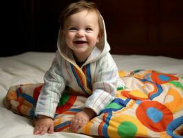 Adorable baby with vibrant clothing in a playful pose AI Generative photo