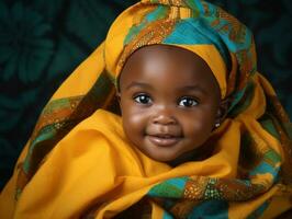 Adorable baby with vibrant clothing in a playful pose AI Generative photo