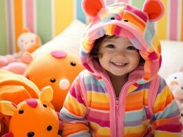 Adorable baby with vibrant clothing in a playful pose AI Generative photo