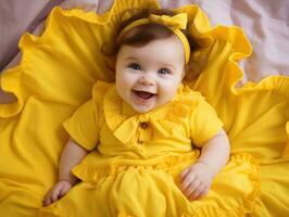 Adorable baby with vibrant clothing in a playful pose AI Generative photo