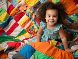 adorable bebé con vibrante ropa en un juguetón actitud ai generativo foto