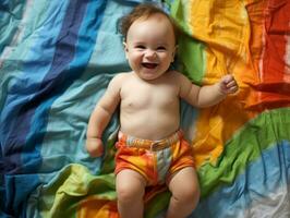 Adorable baby with vibrant clothing in a playful pose AI Generative photo