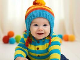 Adorable baby with vibrant clothing in a playful pose AI Generative photo