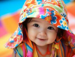 Adorable baby with vibrant clothing in a playful pose AI Generative photo