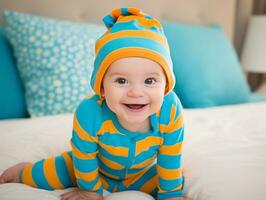 Adorable baby with vibrant clothing in a playful pose AI Generative photo